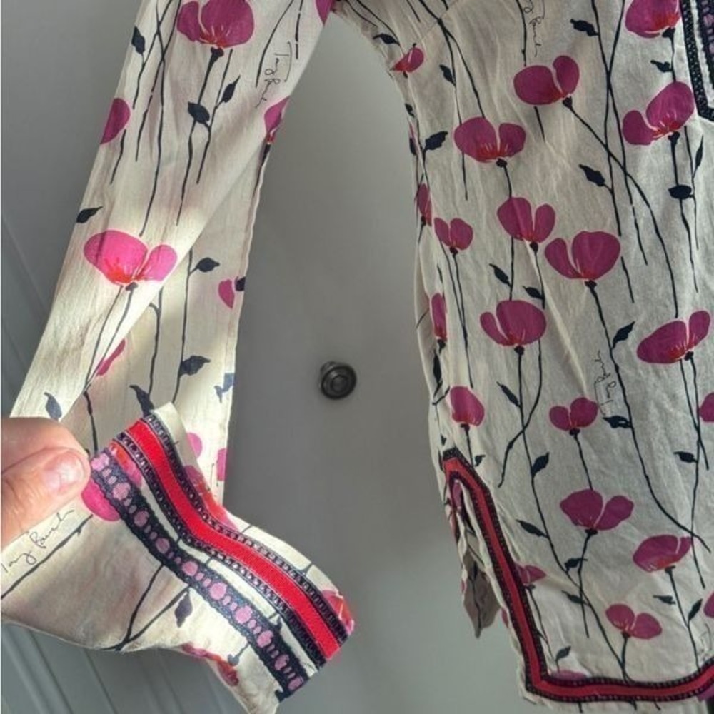 Tory Burch Pink Floral Print Cotton Tunic Top Long Sleeve Blouse - Picture 6 of 11